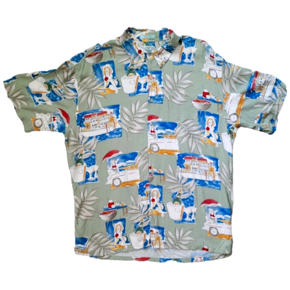 Vintage Campia Hawaiian Style Vacation Shirt, Light Green Watercolor, Mens XL